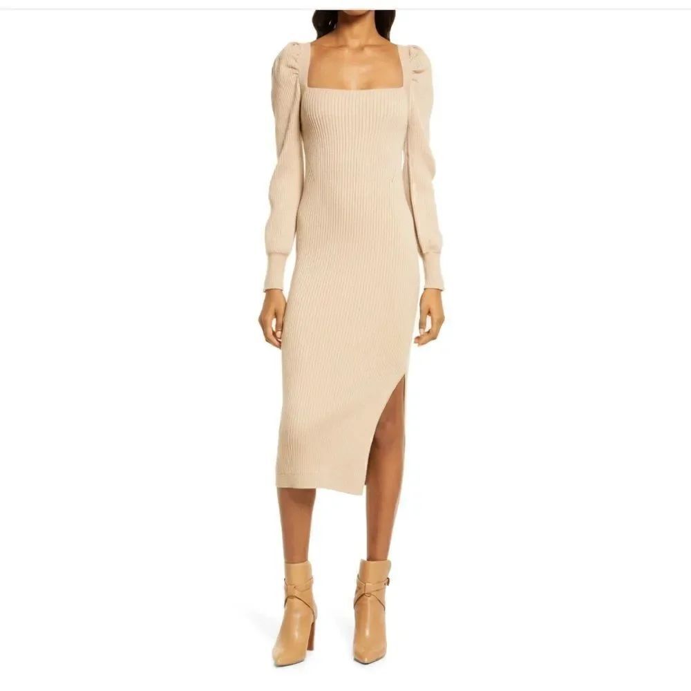 Charles Henry Puff Shoulder Long Sleeve Knit MIDI Dress in Tan Sz XL